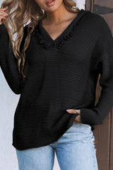 Black V Neck Ribbed Drop Shoulder Hooded Sweater Sweaters & Cardigans JT's Designer Fashion