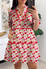 Red Floral Puff Sleeve Tiered Ric Rac Pocketed Mini Dress Floral Dresses JT's Designer Fashion