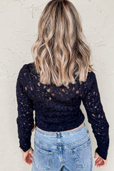 Black Flower Lace See Through Mock Neck Long Sleeve Top Long Sleeve Tops JT's Designer Fashion