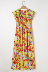 Yellow Cheetah Plant Print Shirred Button V Neck Long Dress Maxi Dresses JT's Designer Fashion