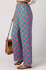 Green 2-Tone Checked Print High Waist Wide Leg Pants Pants & Culotte JT's Designer Fashion