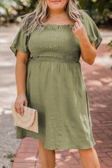 Grass Green Frilly Square Neck Flutter Sleeve Smocked High Waist Plus Size Dress Grass Green 100%Polyester Plus Size Mini Dresses JT's Designer Fashion