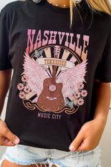 Black NASHVILLE Music City Graphic Print Short Sleeve Top Graphic Tees JT's Designer Fashion