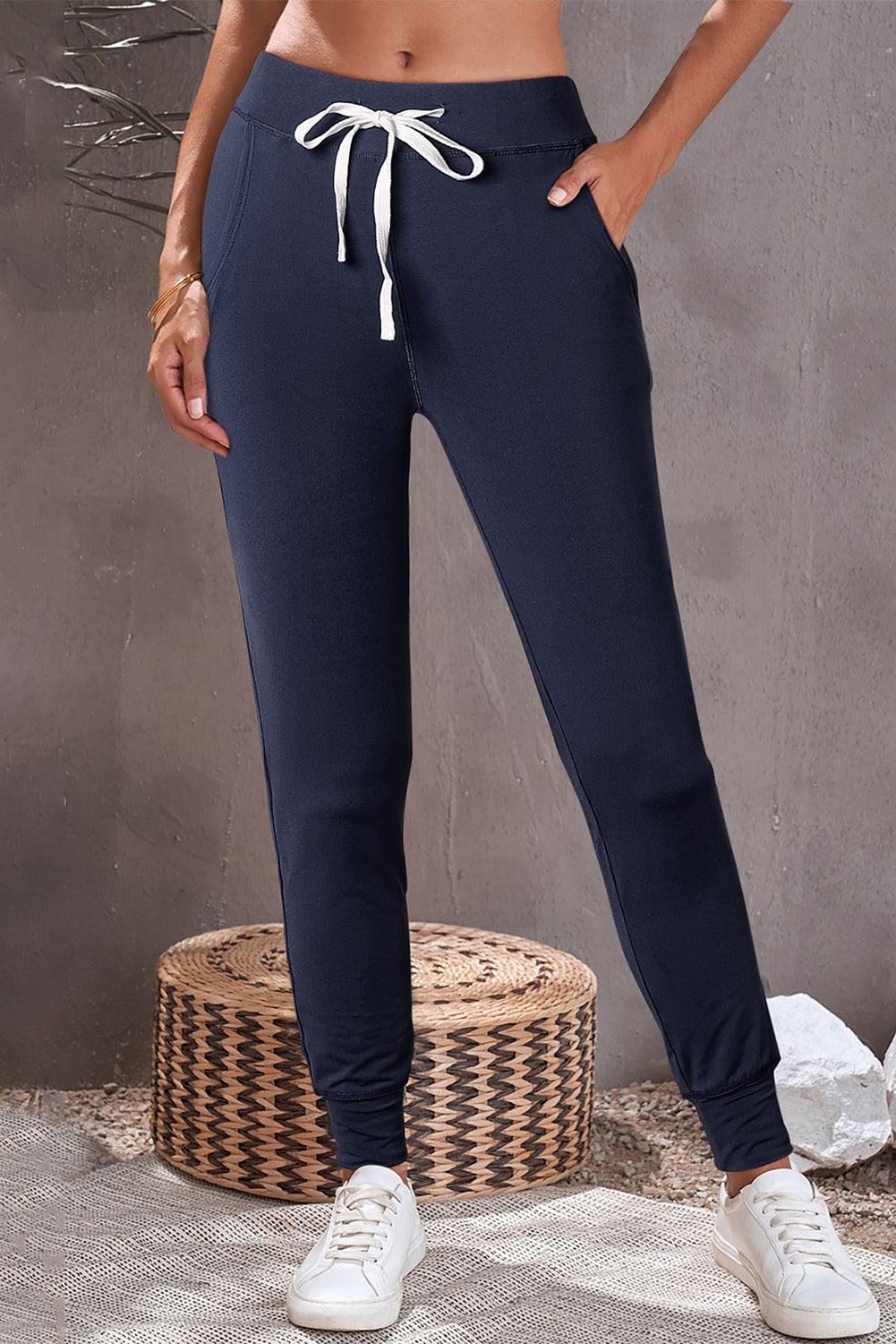 Navy Blue Drawstring Waist Pocketed Joggers Pants & Culotte JT's Designer Fashion
