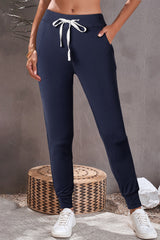 Navy Blue Drawstring Waist Pocketed Joggers Pants & Culotte JT's Designer Fashion