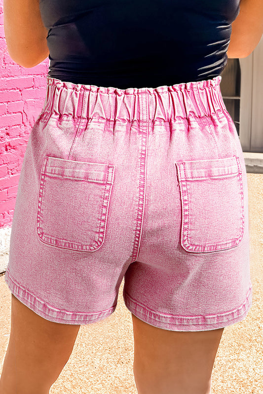 Strawberry Pink Elastic High Waisted Denim Shorts Denim Shorts JT's Designer Fashion