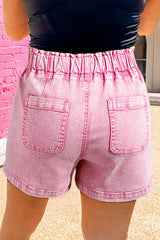 Strawberry Pink Elastic High Waisted Denim Shorts Denim Shorts JT's Designer Fashion
