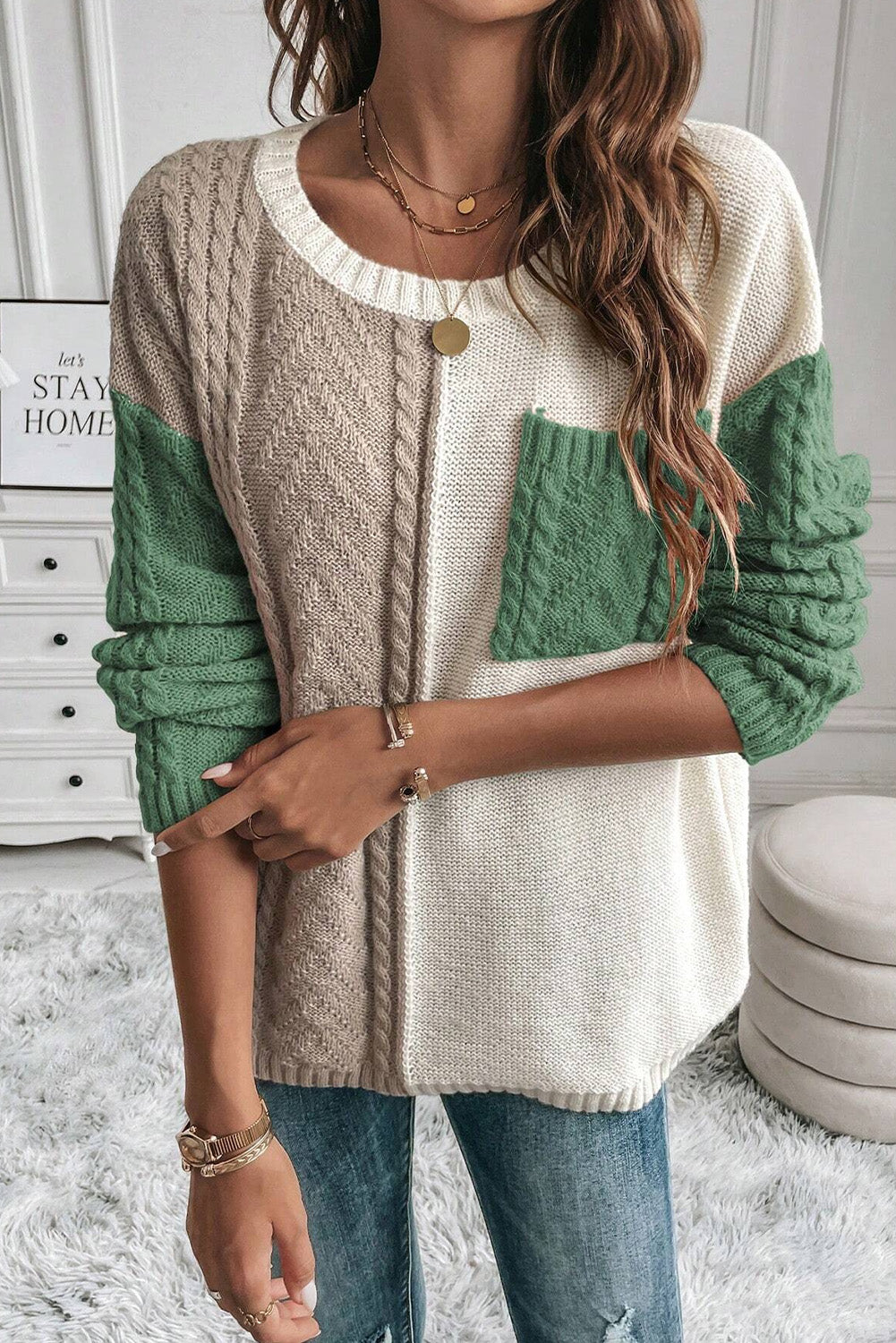 Vineyard Green Colorblock Patched Pocket Drop Shoulder Sweater Sweaters JT's Designer Fashion