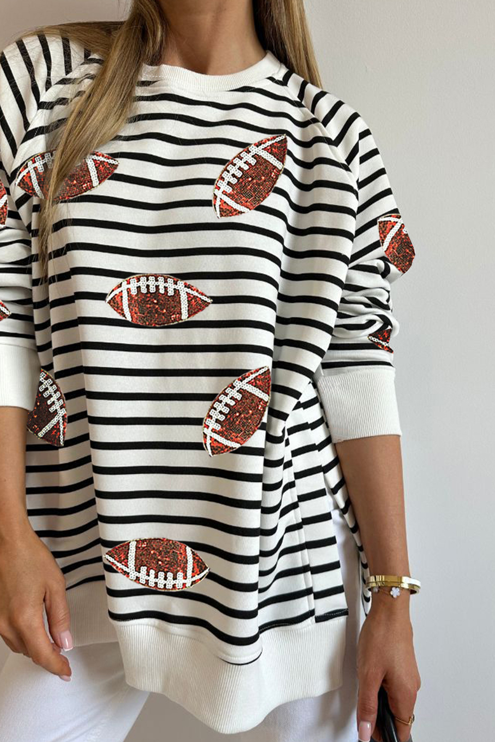 Black Stripe Sequin Rugby Football Side Slits Oversized Sweatshirt Graphic Sweatshirts JT's Designer Fashion