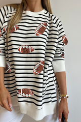 Black Stripe Sequin Rugby Football Side Slits Oversized Sweatshirt Graphic Sweatshirts JT's Designer Fashion
