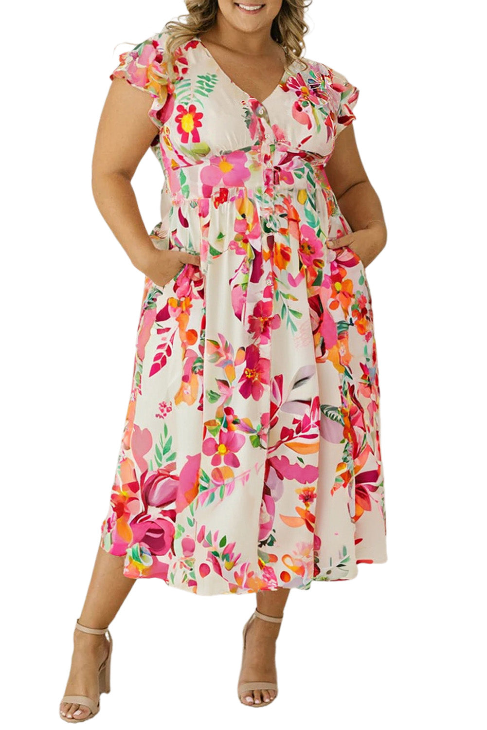 Pink Floral Print V Neck Ruffle Sleeve Plus Size Midi Dress Plus Size Midi Dresses JT's Designer Fashion