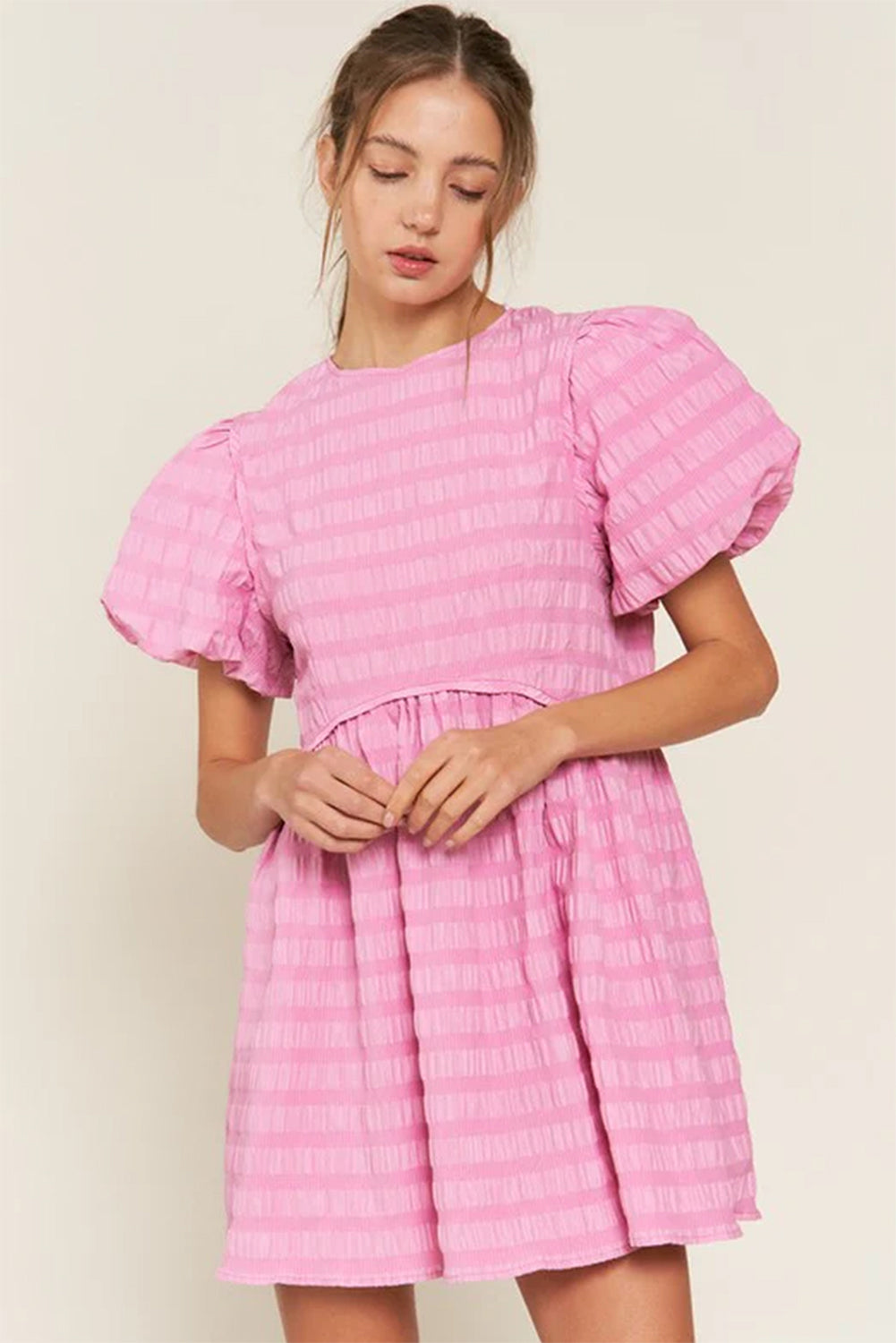 Bonbon Textured Bubble Sleeve High Waist Mini Dress Mini Dresses JT's Designer Fashion