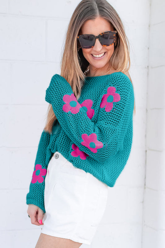 Sea Green Big Flower Hollowed Knit Drop Shoulder Sweater Sweaters JT's Designer Fashion