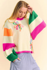 Beige Colorblock Flower Print Cable Knit Loose Sweater Sweaters JT's Designer Fashion