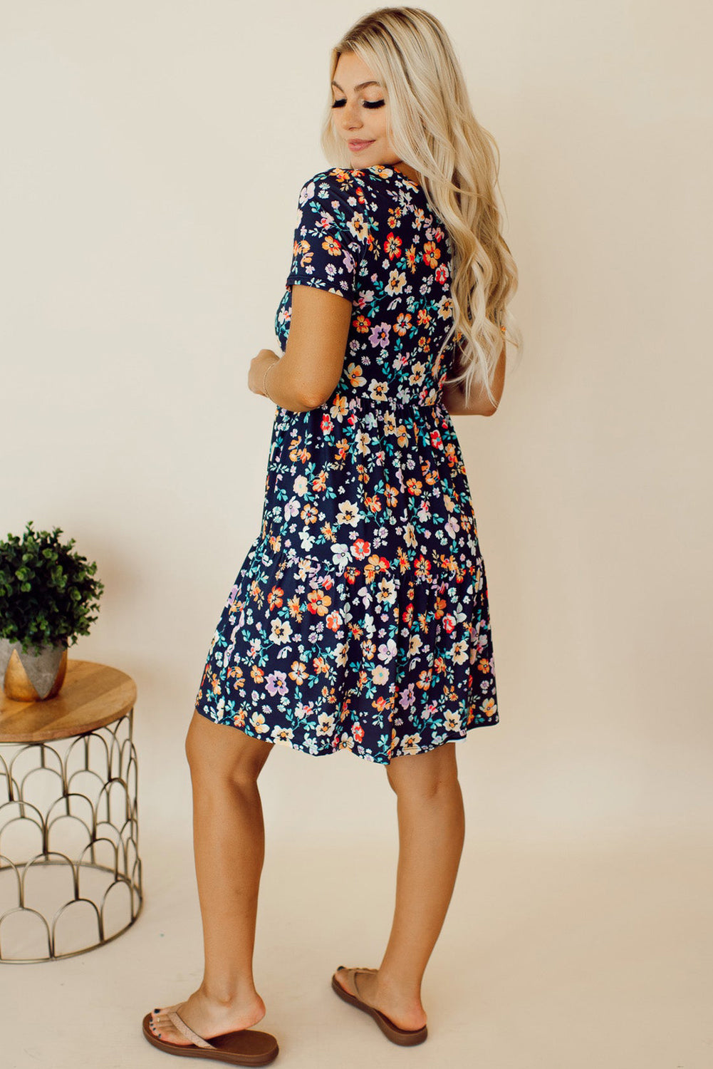 Blue Short Sleeve A-line Floral Dress Floral Dresses JT's Designer Fashion