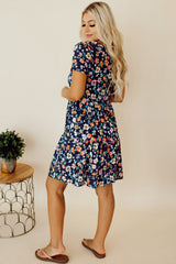 Blue Short Sleeve A-line Floral Dress Floral Dresses JT's Designer Fashion