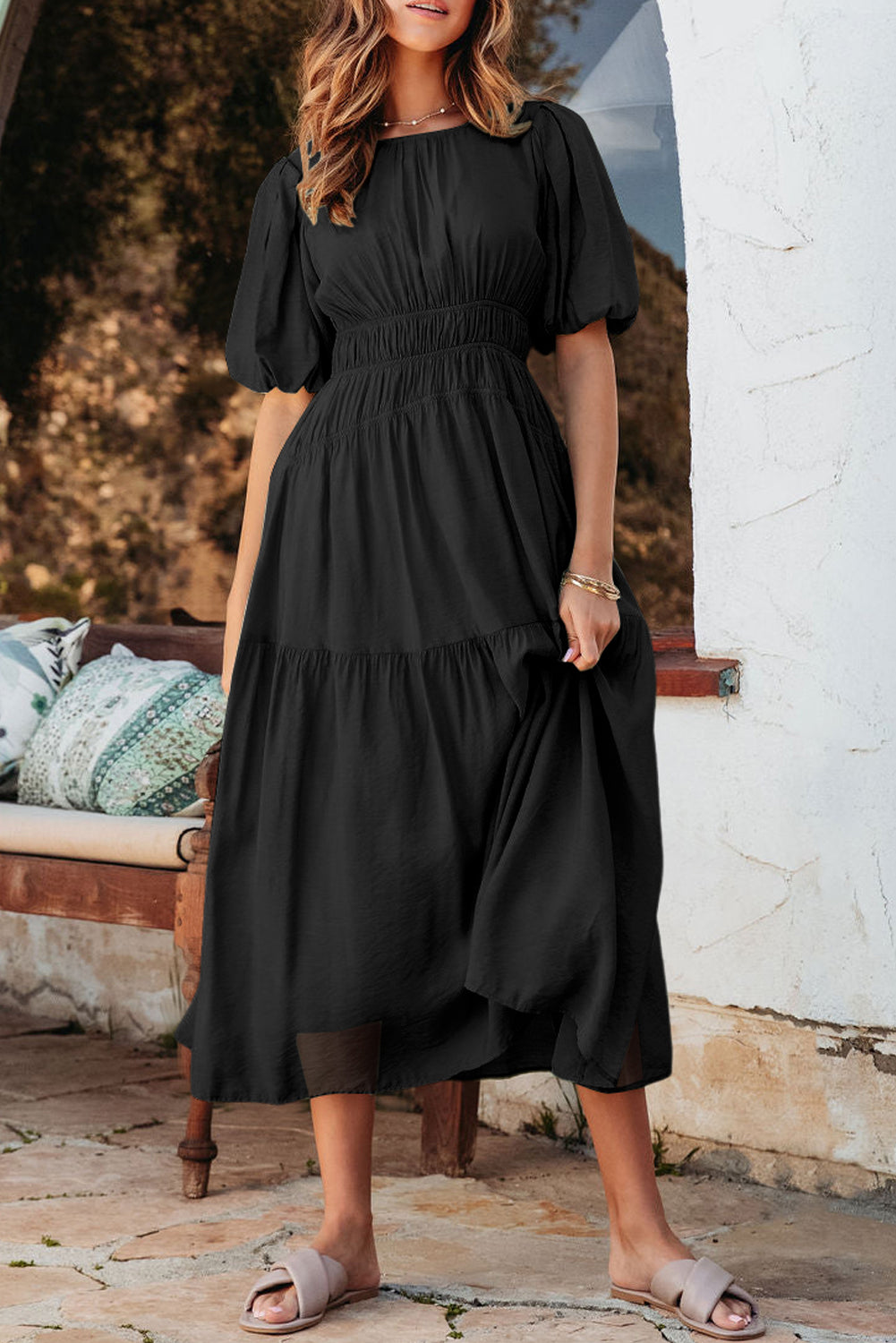 Black Puff Sleeve Pleated High Waist Flowy Long Dress Black 100%Polyester Maxi Dresses JT's Designer Fashion
