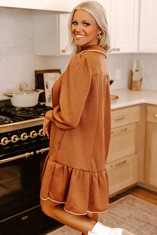Desert Gold Quarter Zip Collar Bracelet Sleeve Textured Mini Dress Mini Dresses JT's Designer Fashion