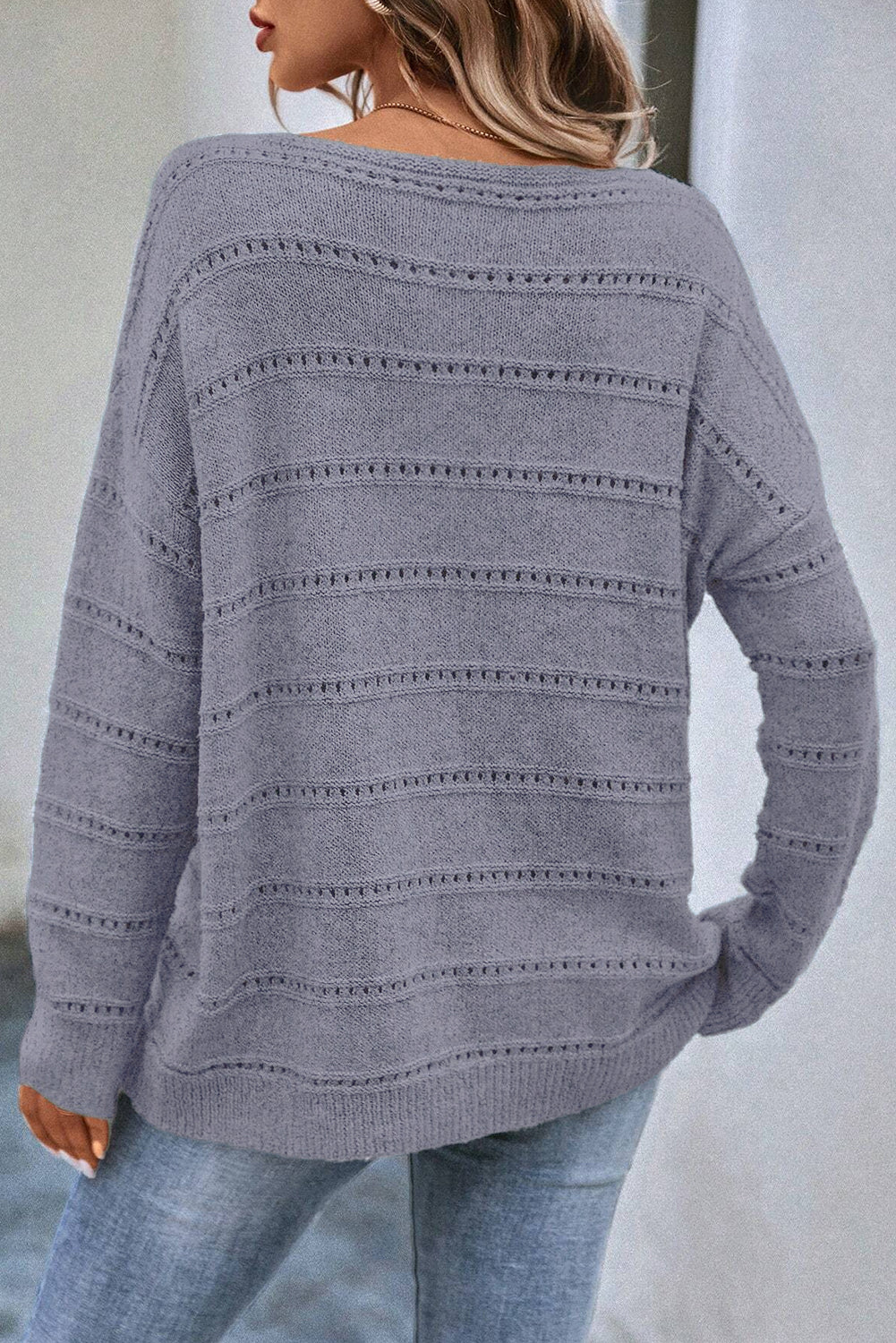 Light Grey Boat Neck Drop Shoulder Pointelle Knit Sweater Sweaters JT's Designer Fashion
