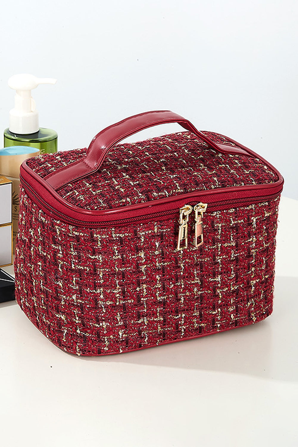 Fiery Red Plaid Zipper Large Cosmetic Bag with Handle Makeup Bags JT's Designer Fashion