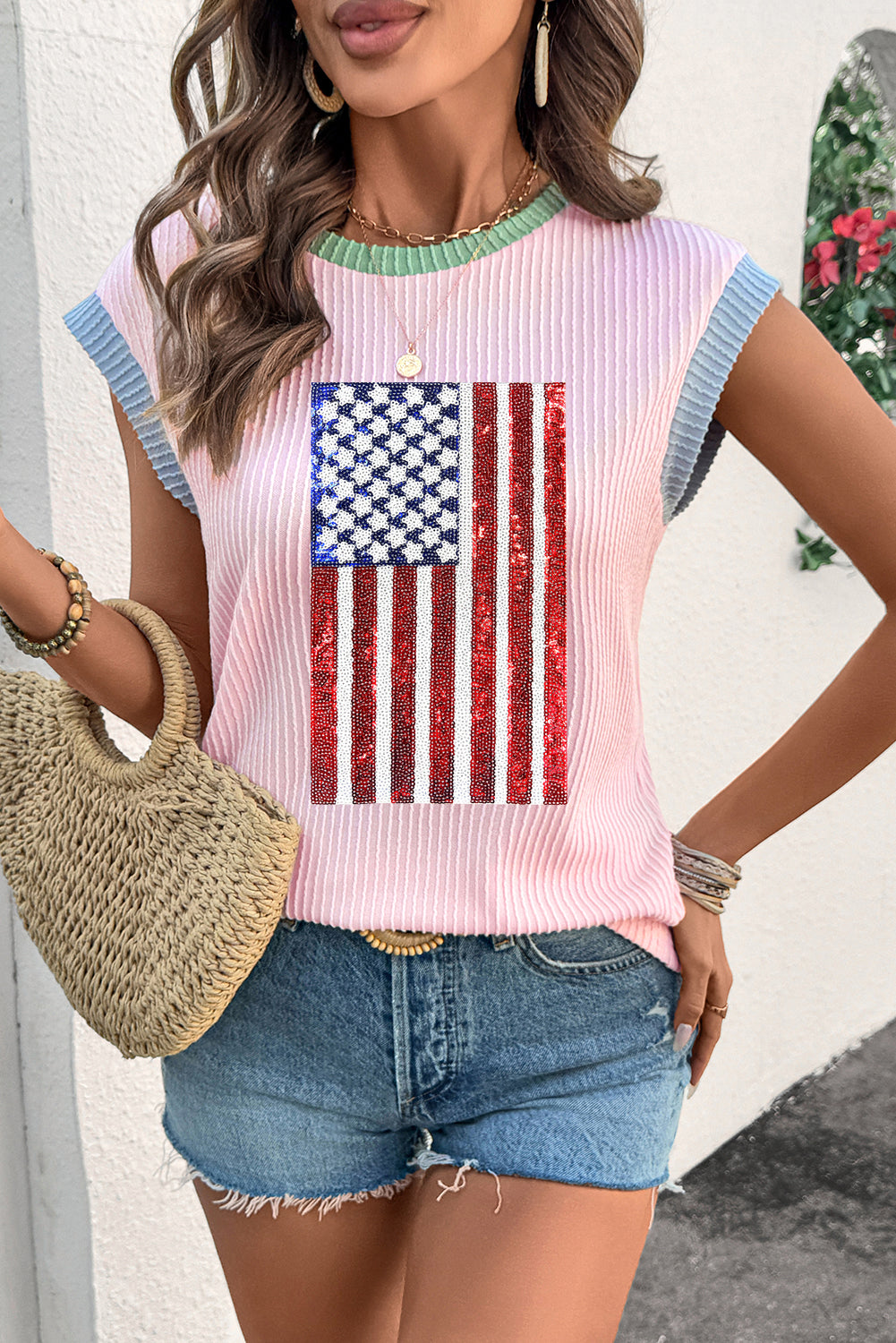 Pink Colorblock Edge Twisted Rib Texture Sequin American Flag Casual T Shirt Graphic Tees JT's Designer Fashion