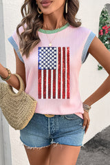 Pink Colorblock Edge Twisted Rib Texture Sequin American Flag Casual T Shirt Graphic Tees JT's Designer Fashion