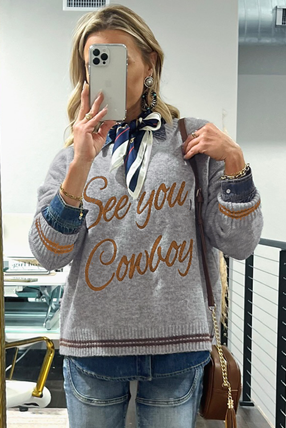 Light Grey See You Cowboy Embroidered Western Graphic Sweater Sweaters JT's Designer Fashion