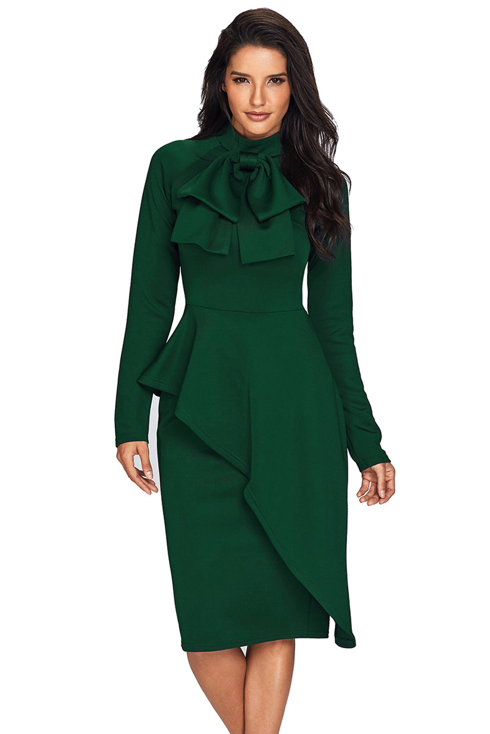 Jade Green Asymmetric Peplum Style Bow Dress Midi Dresses JT's Designer Fashion
