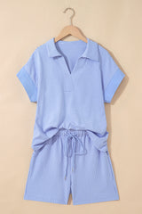 Sky Blue Stripe Dolman Sleeve Polo Shirt and Drawstring Shorts Set Short Sets JT's Designer Fashion