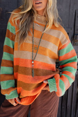 Orange Stripe Color Block High Neck Drop Shoulder Cozy Sweater Orange Stripe 65%Acrylic+35%Polyamide Sweaters JT's Designer Fashion