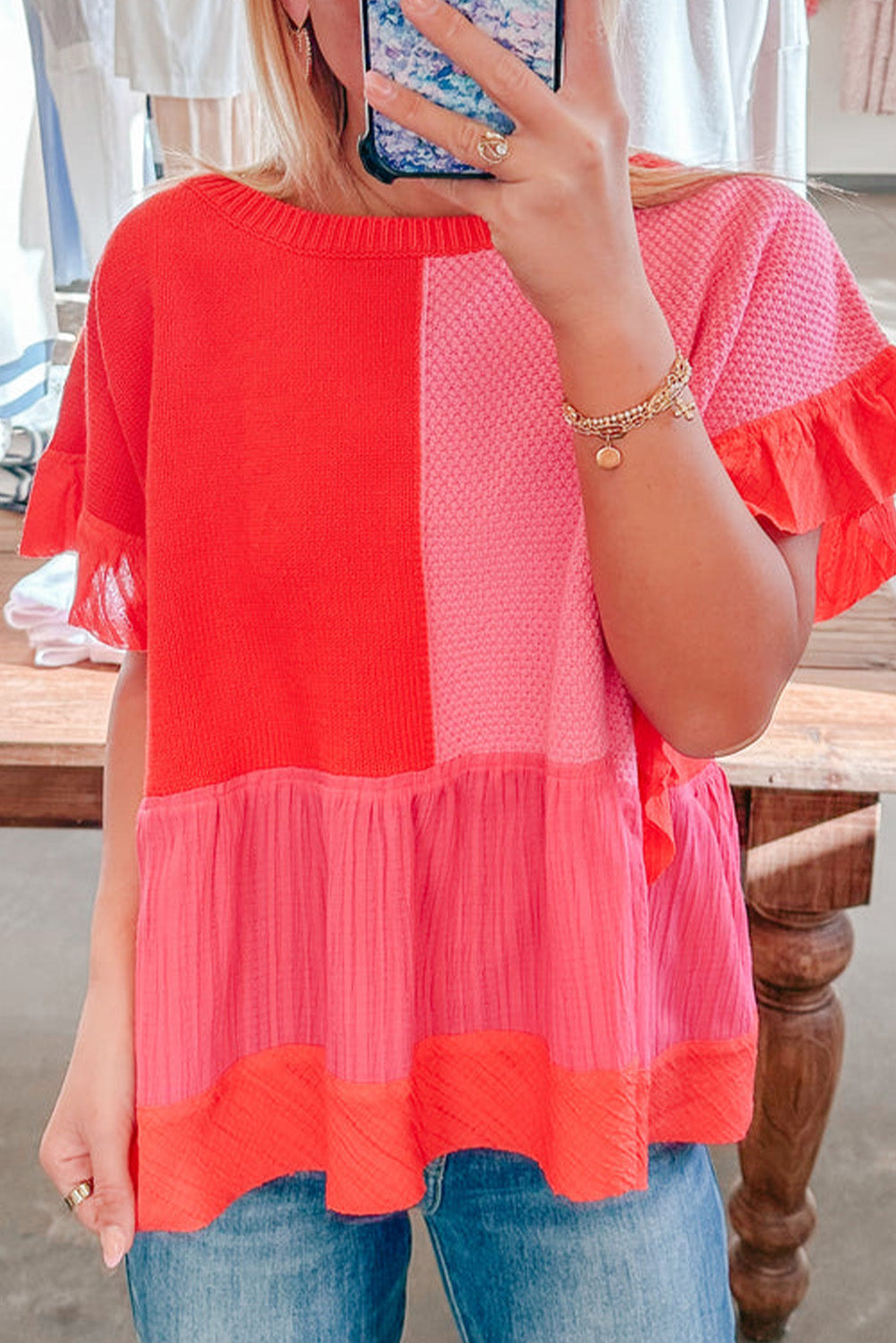 Tomato Red Mix Knitted Patchwork Ruffle Trim Loose Top Sweaters & Cardigans JT's Designer Fashion