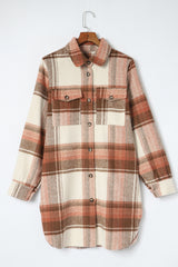 Brown Plaid Print Flap Pockets Long Shacket Plaid Shackets JT's Designer Fashion