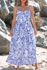 Sky Blue Floral Print Spaghetti Strap High Waist Maxi Dress Floral Dresses JT's Designer Fashion