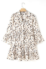 Khaki Leopard Print Buttoned Front 3/4 Sleeve Tiered Ruffled Hem Dress Mini Dresses JT's Designer Fashion