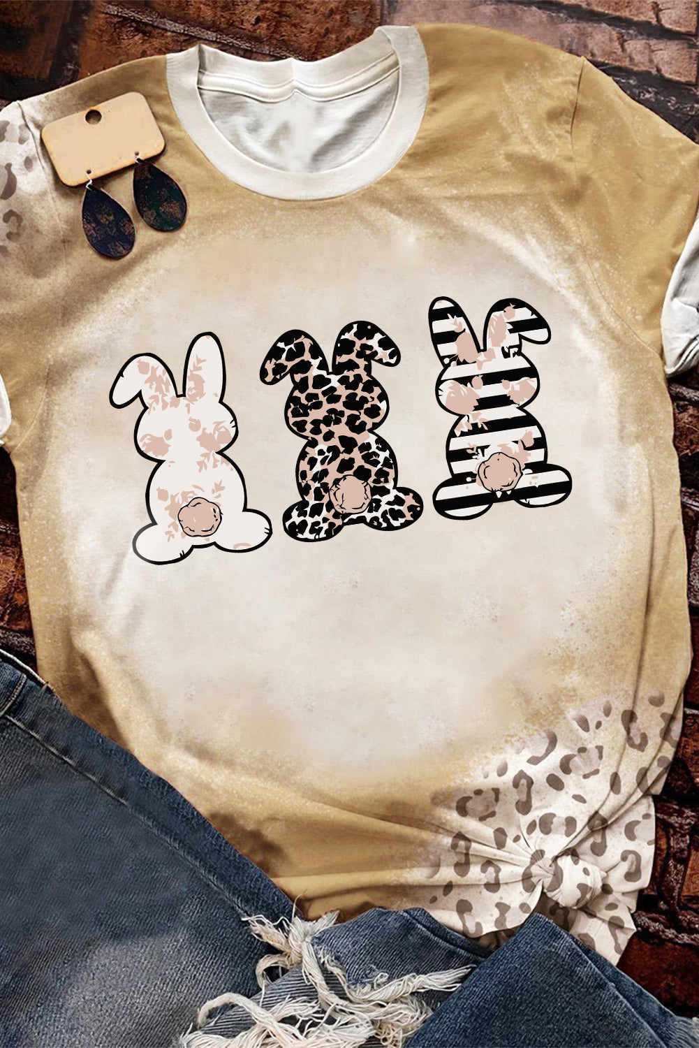 Khaki Easter Bunny Leopard Bleached Print Graphic Tee Graphic Tees JT's Designer Fashion