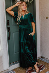 Evergreen Velvet Short Sleeve Shirred Waist Tiered Long Dress Maxi Dresses JT's Designer Fashion