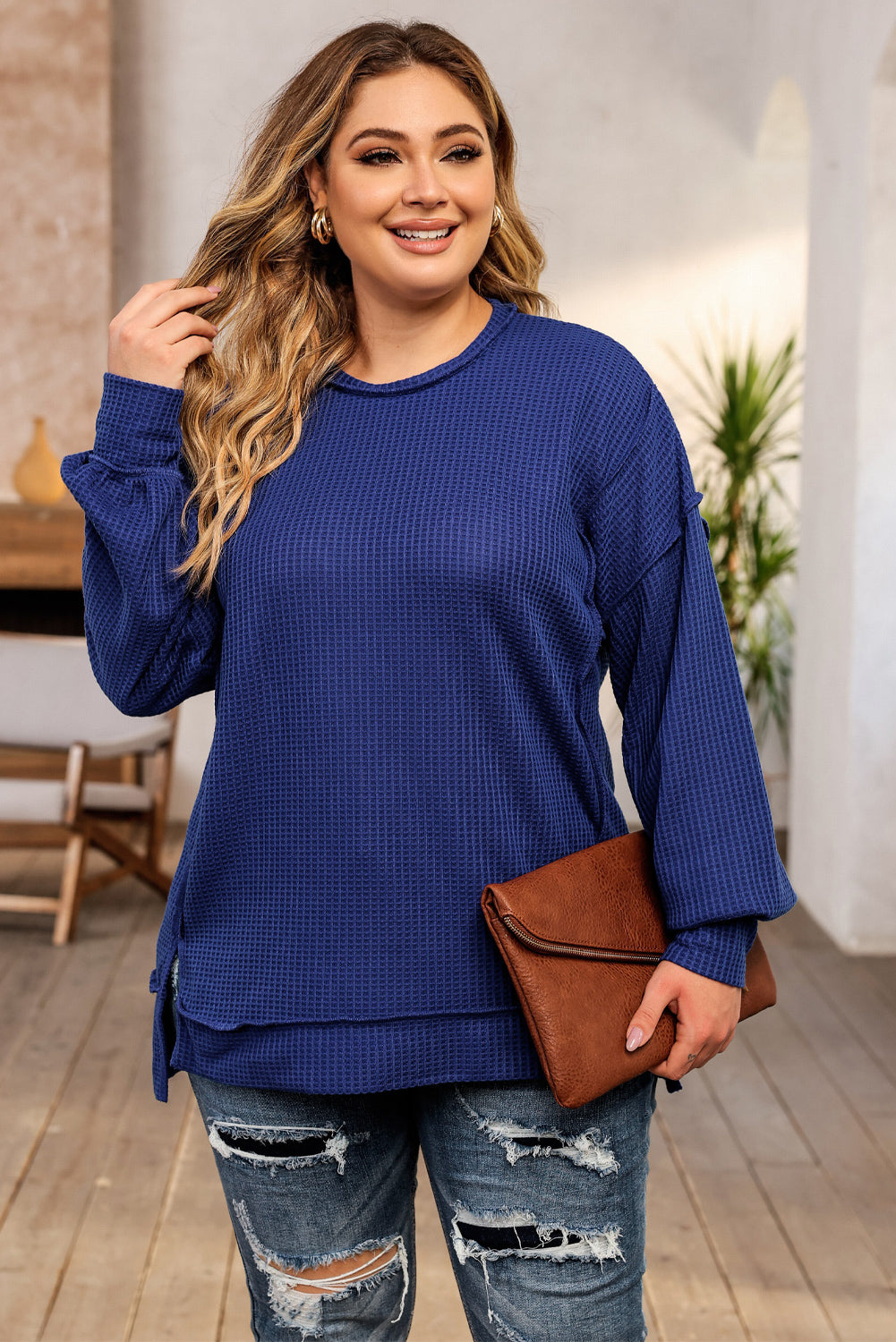 Blue Plus Size Waffle Knit Oversized Exposed Seam Top Plus Size JT's Designer Fashion