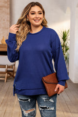 Blue Plus Size Waffle Knit Oversized Exposed Seam Top Plus Size JT's Designer Fashion