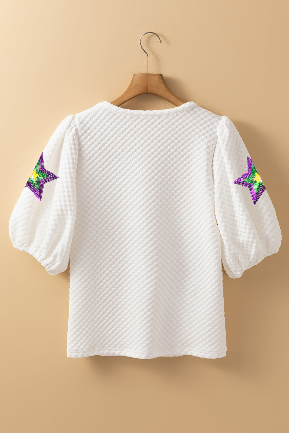 White Textured Sequin Mardi Gras Star Graphic Puff Sleeve Blouse Graphic Tees JT's Designer Fashion