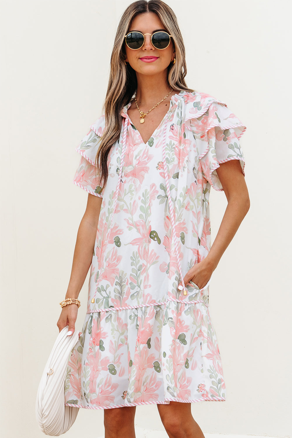 Pink Floral Contrast Edge Layered Short Sleeve Mini Dress Floral Dresses JT's Designer Fashion