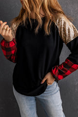 Black Crewneck Lantern Sleeve Plaid Sequin Splicing Blouse Long Sleeve Tops JT's Designer Fashion