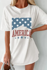 White AMERICA Stars Print Round Neck Oversized T Shirt Graphic Tees JT's Designer Fashion