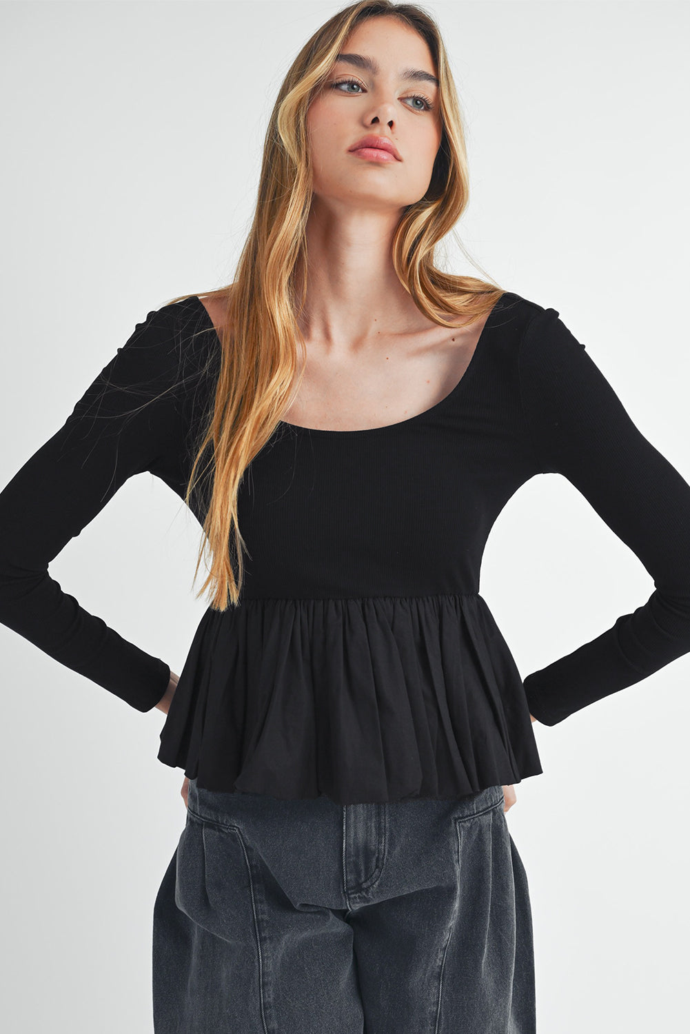 Black Ribbed Knit Long Sleeve Scoop Neck Peplum Patchwork Top Long Sleeve Tops JT's Designer Fashion