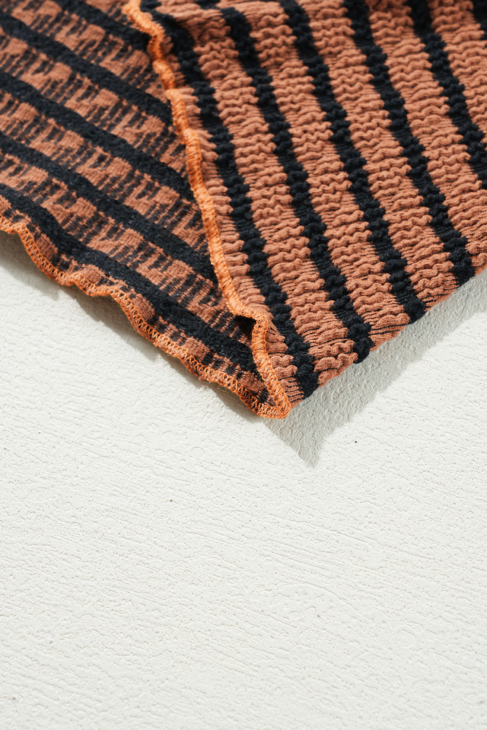 Brown Stripe Textured Frilly Trim Buttons Henley Long Sleeve Top Long Sleeve Tops JT's Designer Fashion