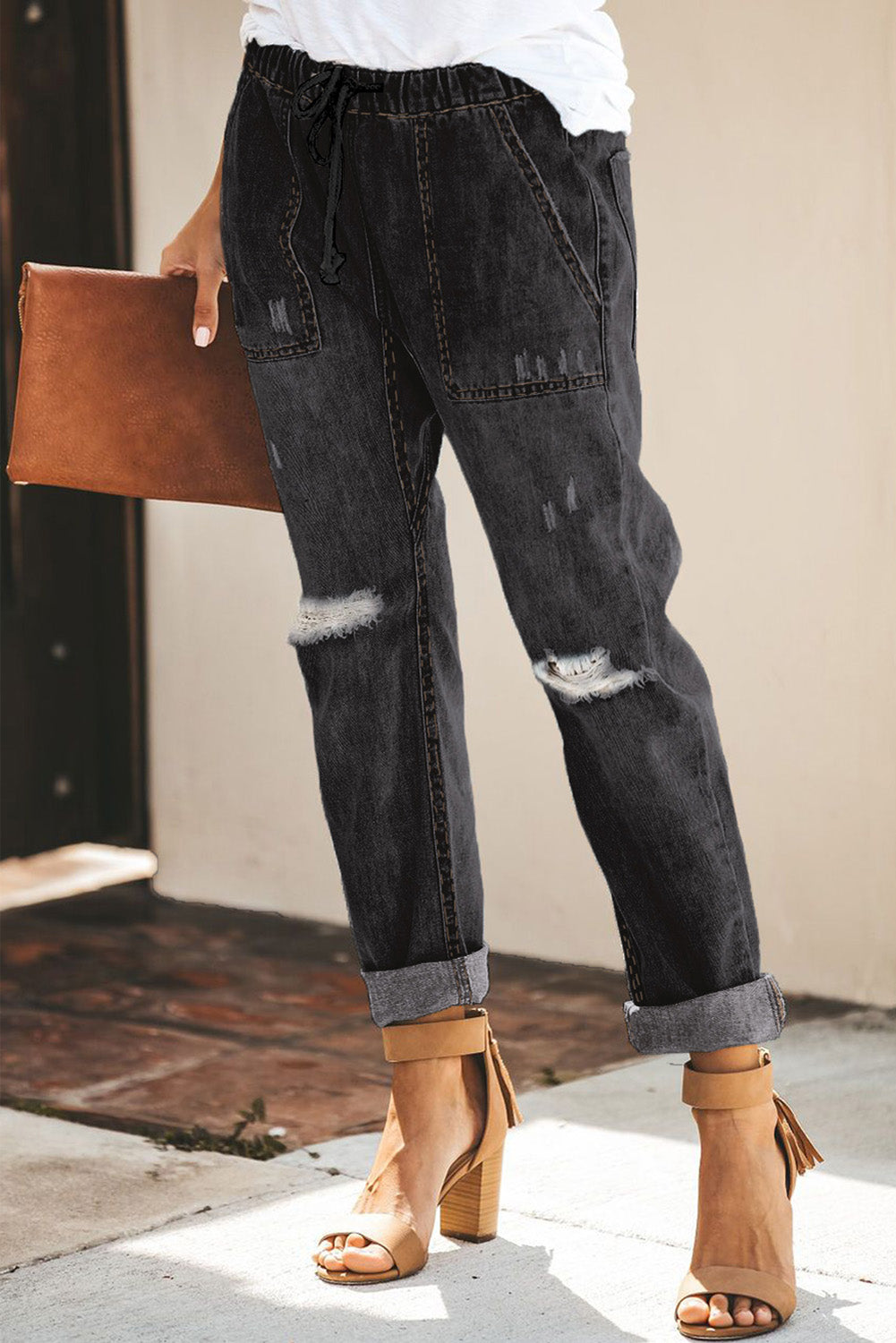 Black Gather Round Distressed Pocketed Denim Jogger Jeans JT's Designer Fashion