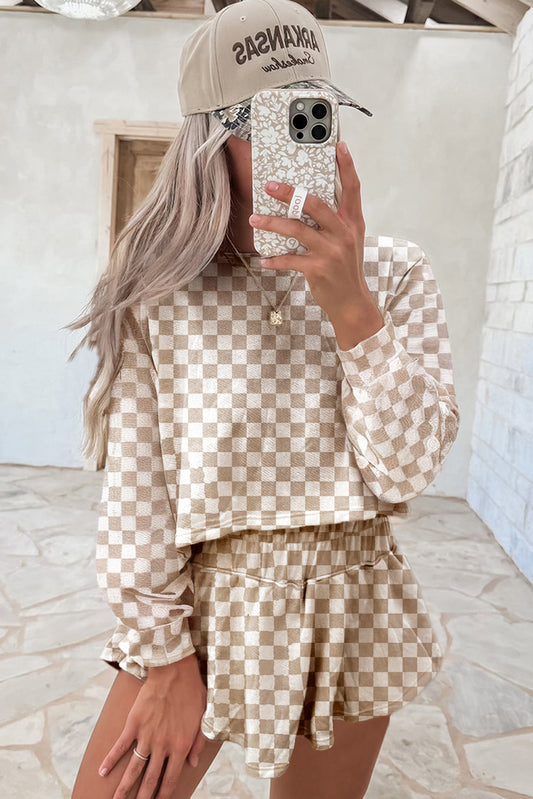 Khaki Checkered Long Sleeve Crop Top High Waist Skort 2pcs Set Short Sets JT's Designer Fashion
