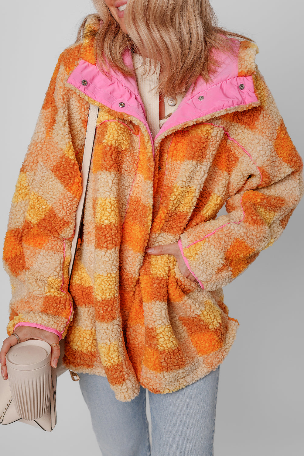 Orange Checkered Sherpa Hooded Jacket Jackets JT's Designer Fashion