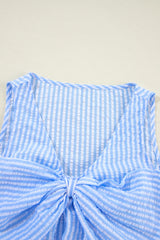 Sky Blue Stripe V Neck Bowknot Crop Tank and Shorts Set Short Sets JT's Designer Fashion