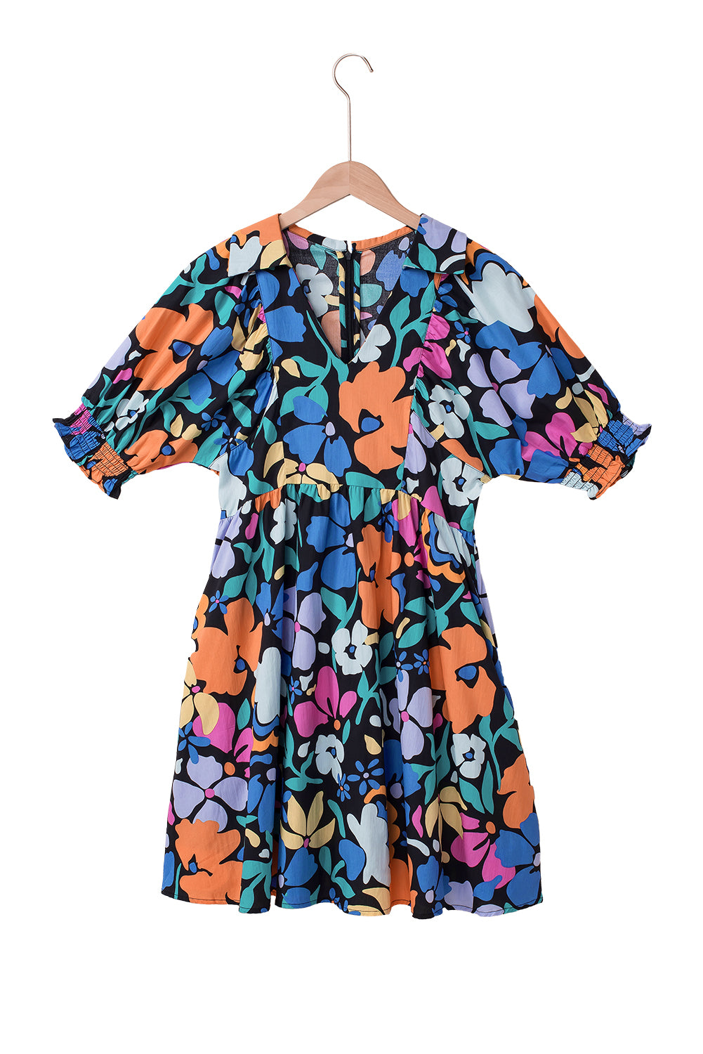 Blue Collared Split Neck Floral Flared Dress Floral Dresses JT's Designer Fashion