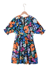 Blue Collared Split Neck Floral Flared Dress Floral Dresses JT's Designer Fashion